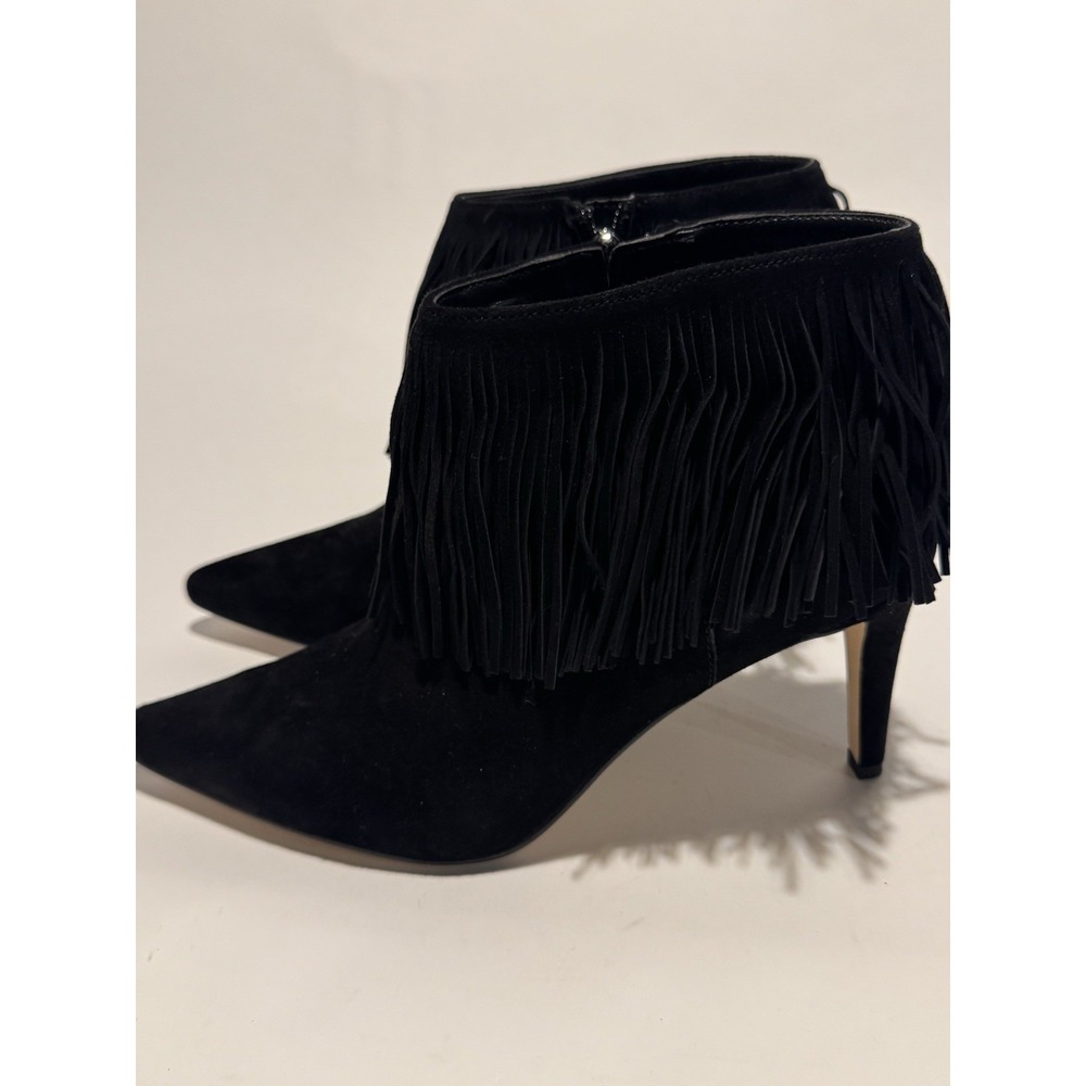 Sam Edelman Kandice Black Suede Pointed Toe Fringed Ankle Booties Boots Size 9